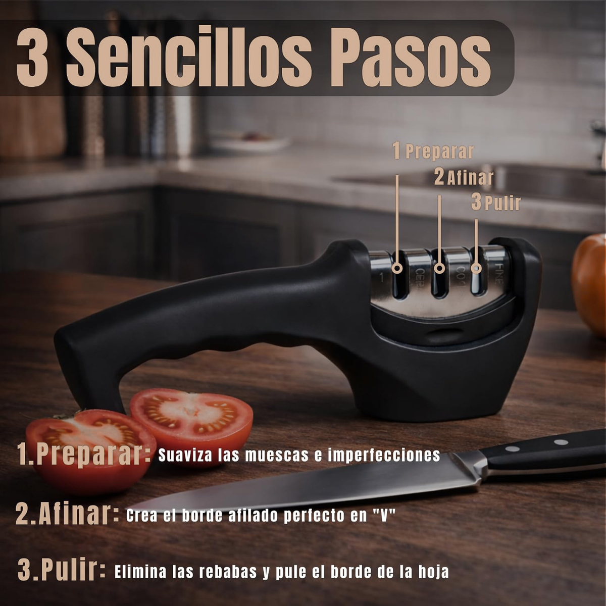 Afila cuchillos triple entrada con base antideslizante