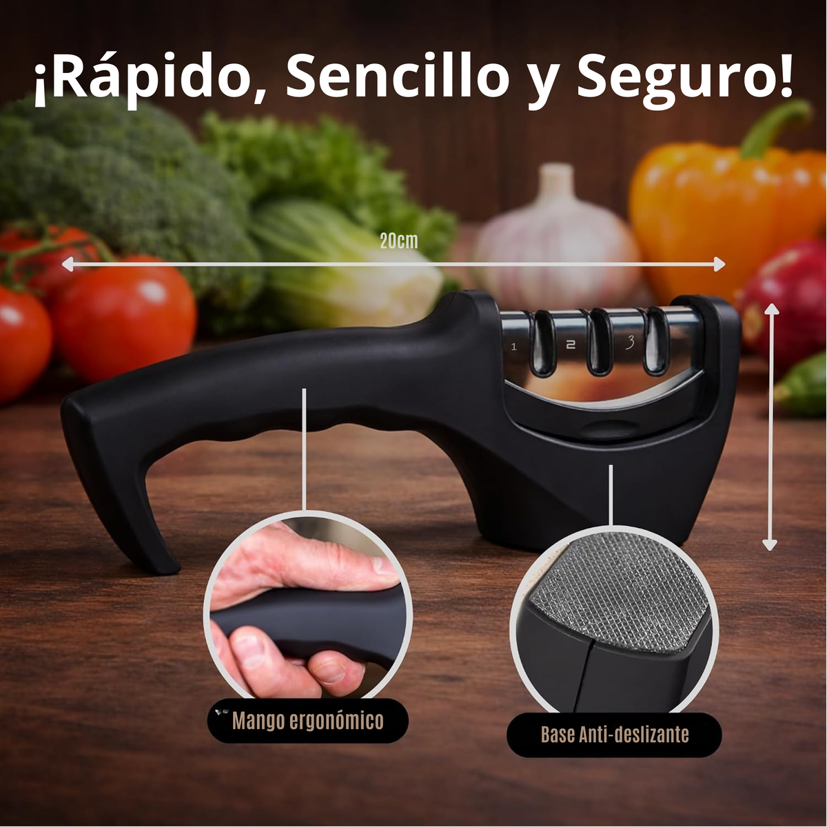 Afila cuchillos triple entrada con base antideslizante